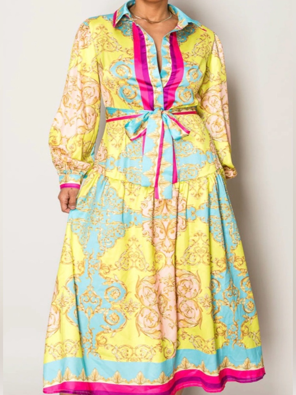 Yellow Baroque Print Maxi Dress with Belt Detail